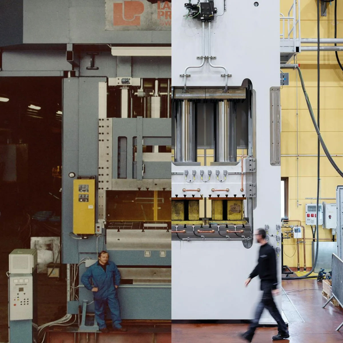 Presses past and present. On the left, a real heavyweight from Lagan Press, one of the three companies that eventually formed AP&T. On the right, a state-of-the-art AP&T press from 2024.